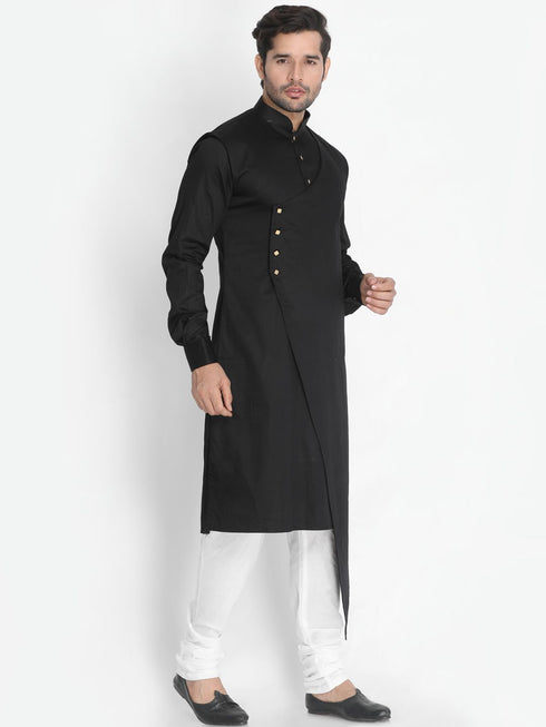 Vastramay Men's Black Cotton Satin Blend Kurta and Churidar Set